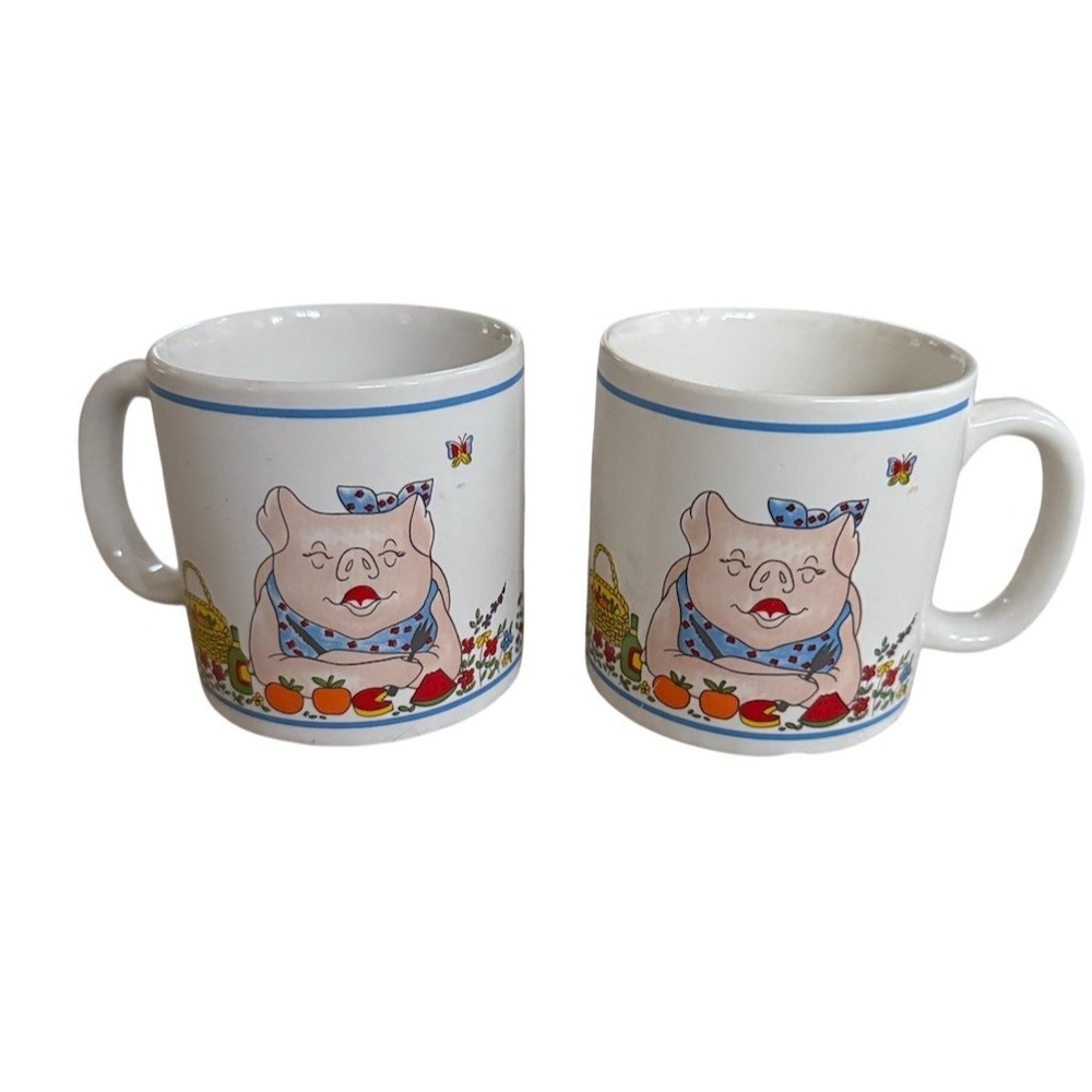 Best Set of 2 Vintage Pig Cartoon Coffee Mugs White Blue Rim Farmcore Scene